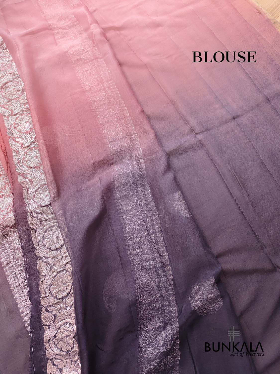 Nude Pink and Black Shaded Pure Khaddi Chiffon Allover Silver Zari Buti Banarasi Saree
