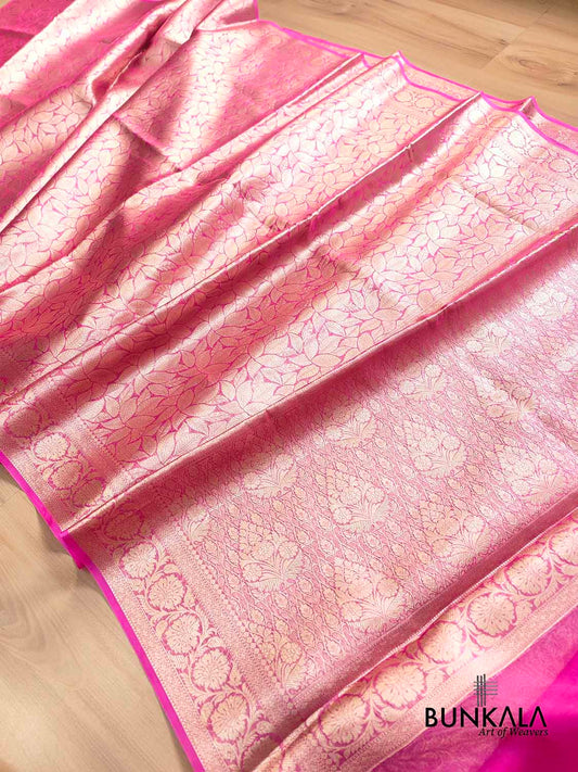 Hot Pink Leaf Pattern Tanchui Handloom Banarasi Tissue Silk Saree