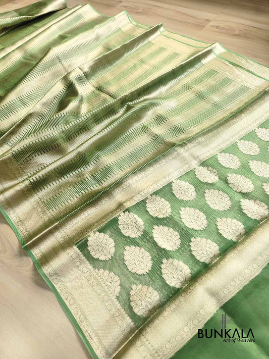 Green Stripe Tanchui Handloom Banarasi Tissue Silk Saree
