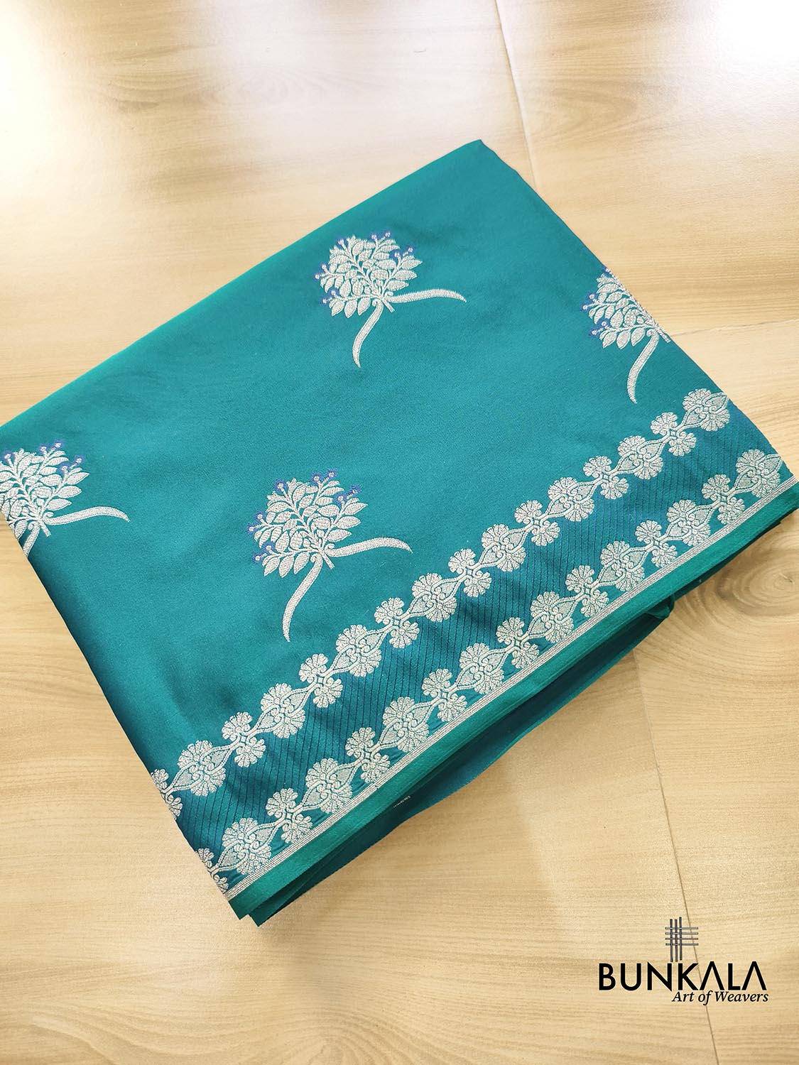 Dark Cyan Green Leaf Buta Weaved Banarasi Mashru Silk Saree