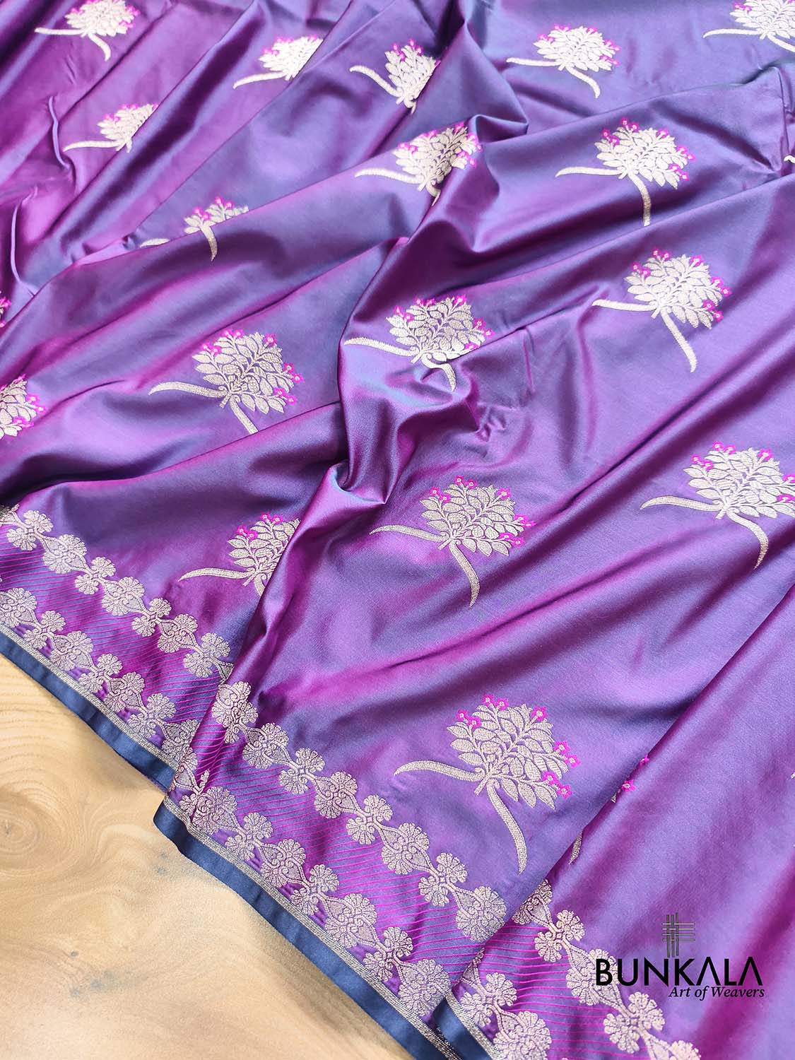 Purple Leaf Buta Weaved Banarasi Mashru Silk Saree