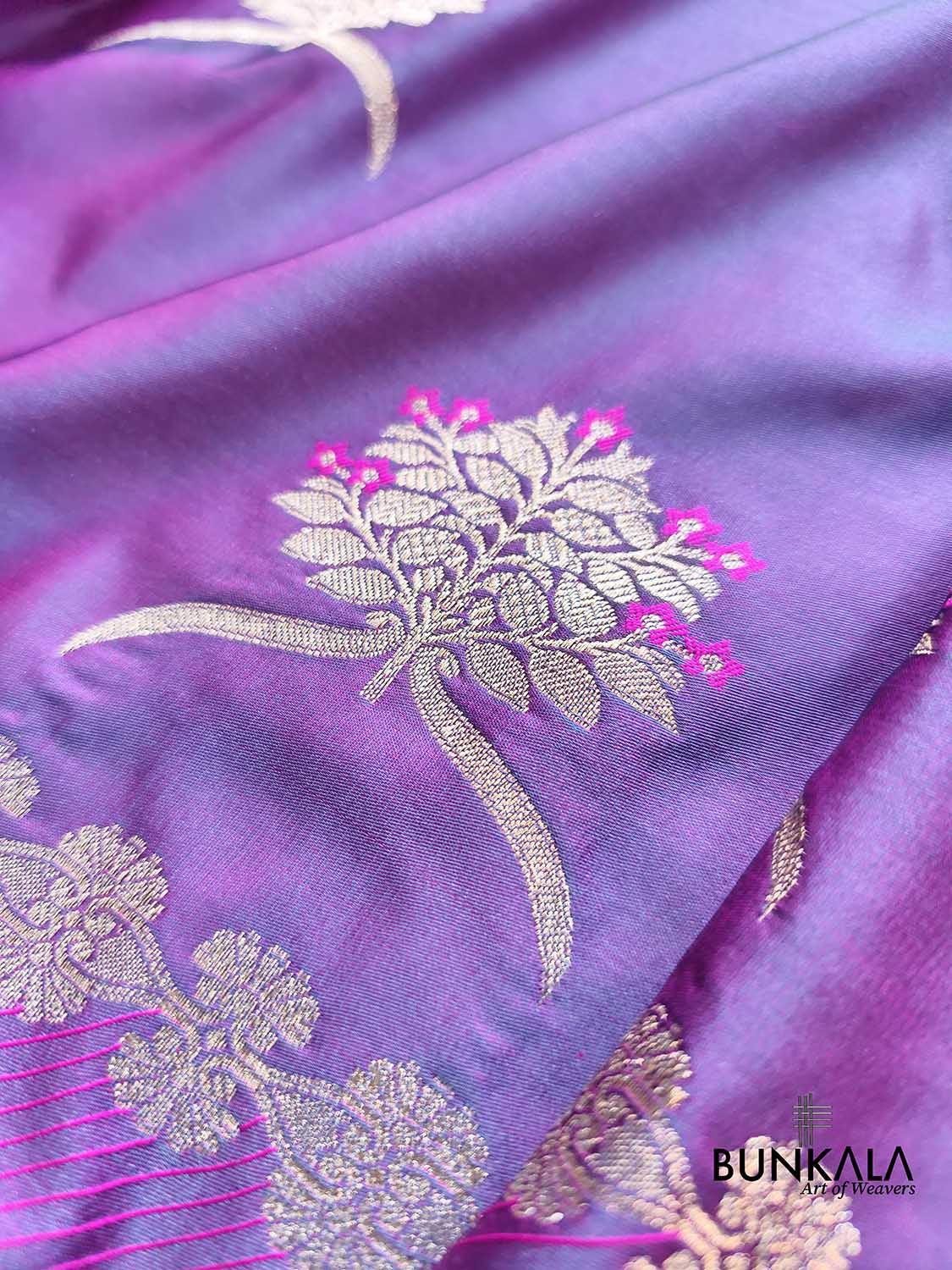 Purple Leaf Buta Weaved Banarasi Mashru Silk Saree