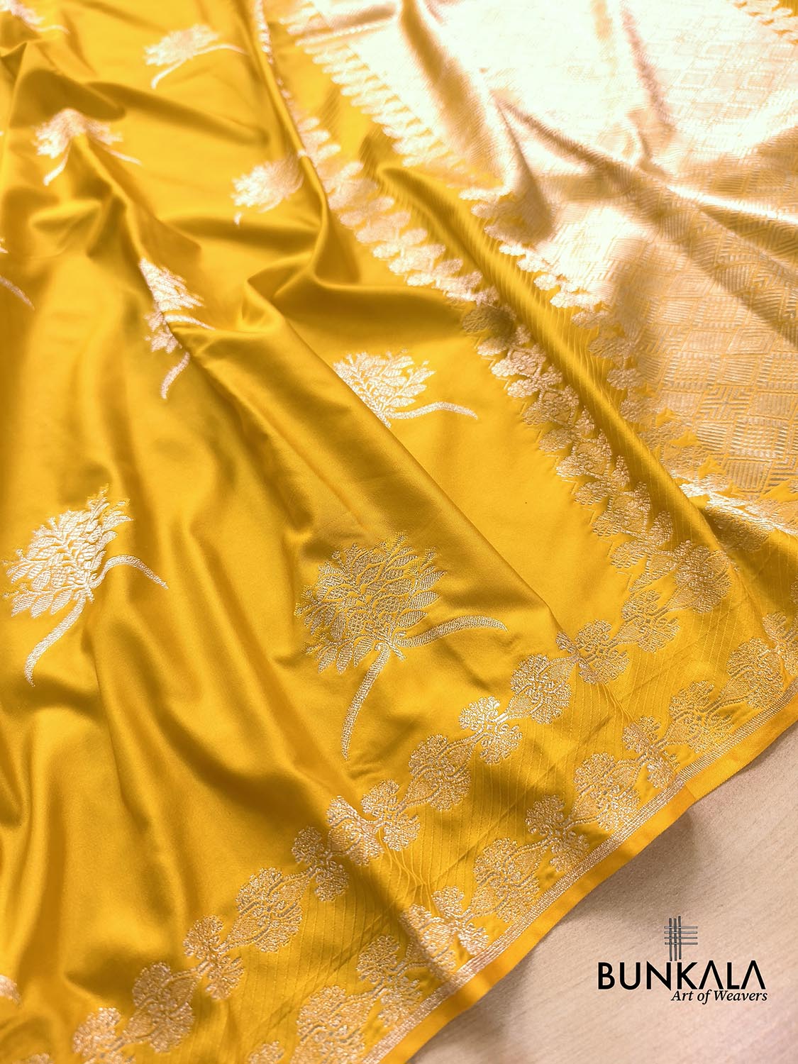 Dark Yellow Leaf Buta Weaved Banarasi Mashru Silk Saree