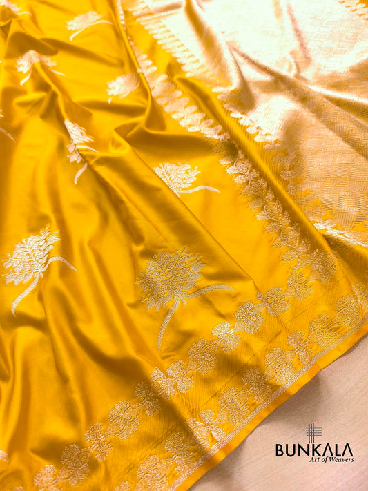 Dark Yellow Leaf Buta Weaved Banarasi Mashru Silk Saree