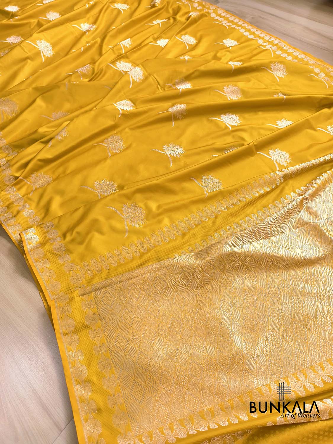 Dark Yellow Leaf Buta Weaved Banarasi Mashru Silk Saree