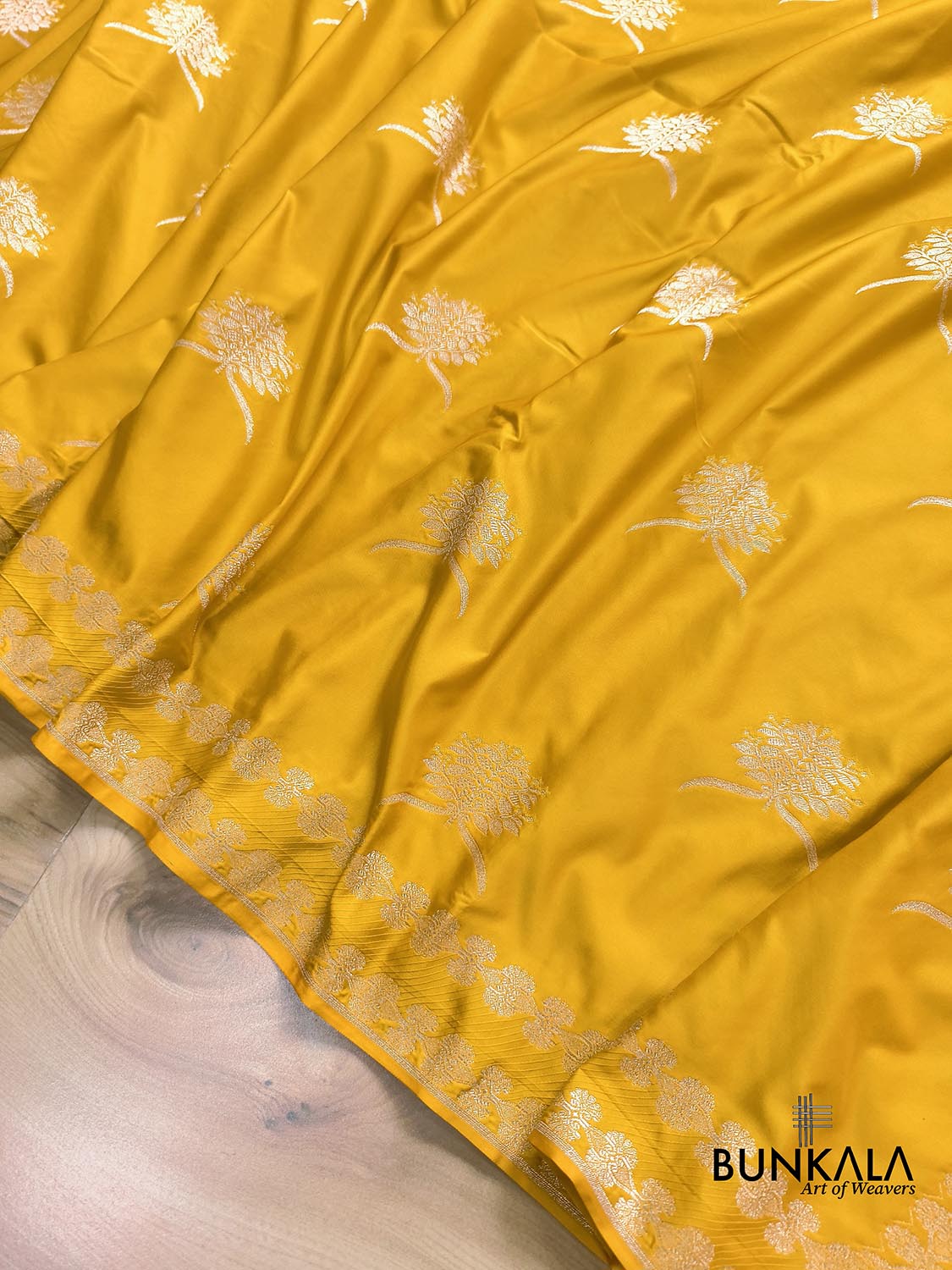 Dark Yellow Leaf Buta Weaved Banarasi Mashru Silk Saree