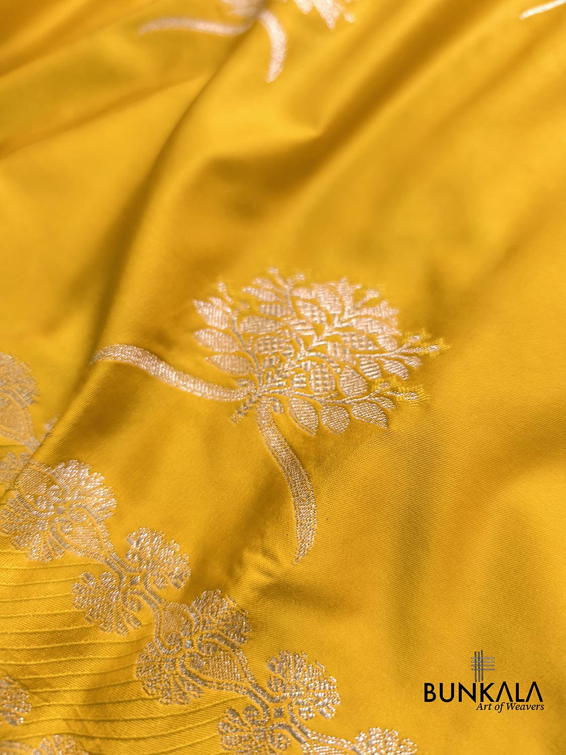 Dark Yellow Leaf Buta Weaved Banarasi Mashru Silk Saree
