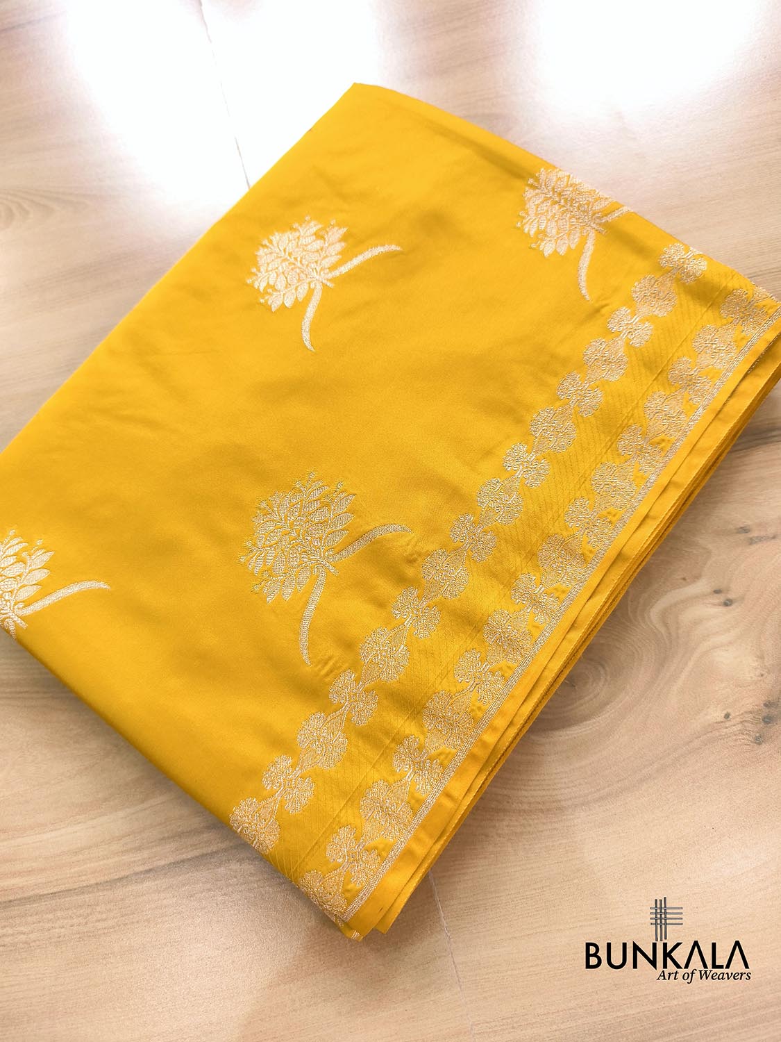 Dark Yellow Leaf Buta Weaved Banarasi Mashru Silk Saree