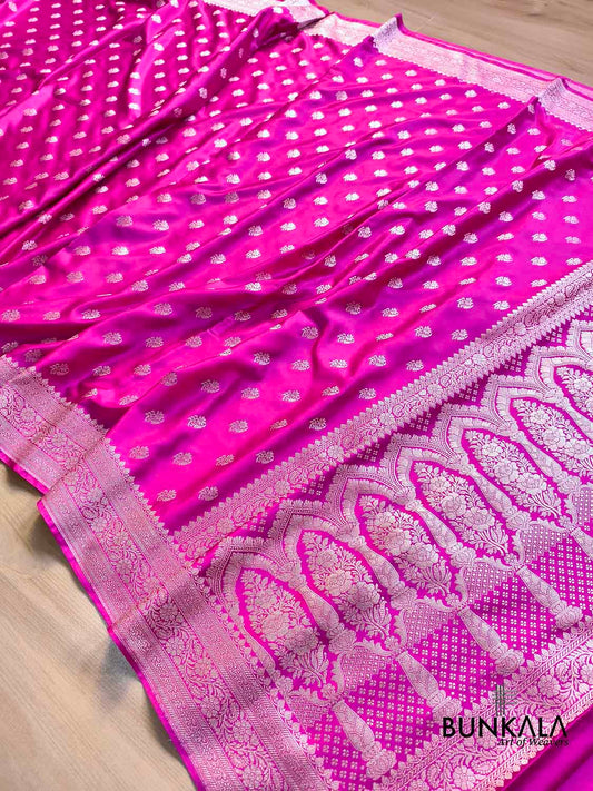 Dark Pink Small Buti Floral Border Weaved Banarasi Mashru Silk Saree