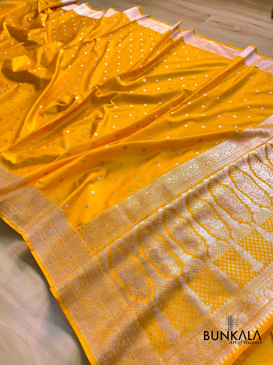 Dark Yellow Small Flower Buti Weaved Banarasi Mashru Silk Saree