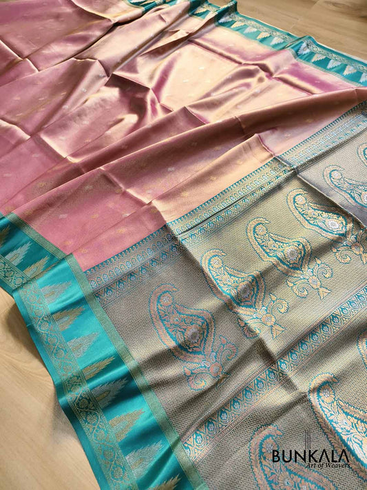Pastel Pink Buti Temple Border Weaved Banarasi Tissue Silk Saree