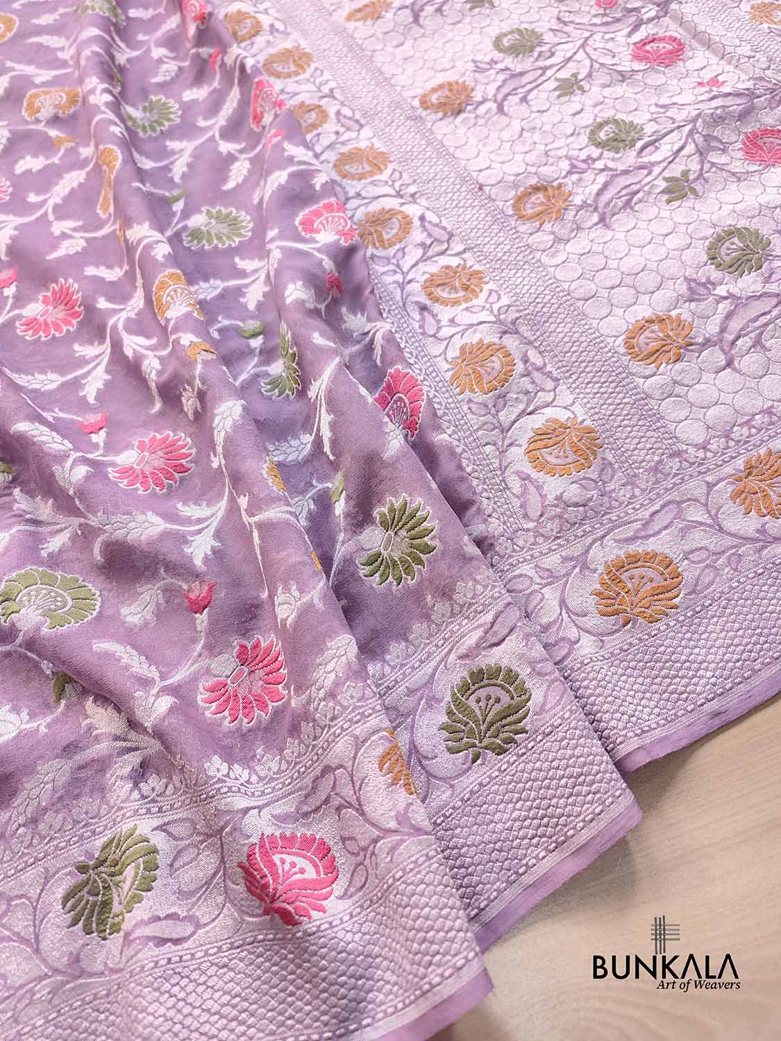 Lavender Meenakari Floral Jaal Silver Zari Handloom Banarasi Pure Georgette Silk Saree