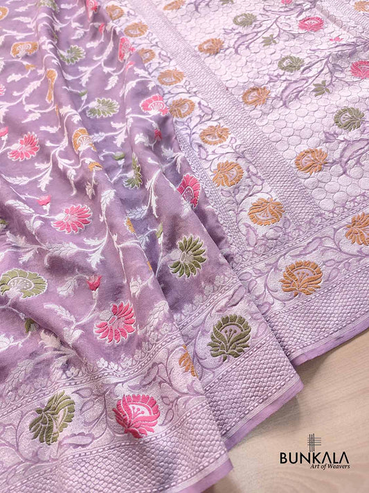 Lavender Meenakari Floral Jaal Silver Zari Handloom Banarasi Pure Georgette Silk Saree
