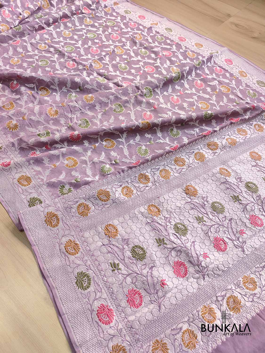 Lavender Meenakari Floral Jaal Silver Zari Handloom Banarasi Pure Georgette Silk Saree