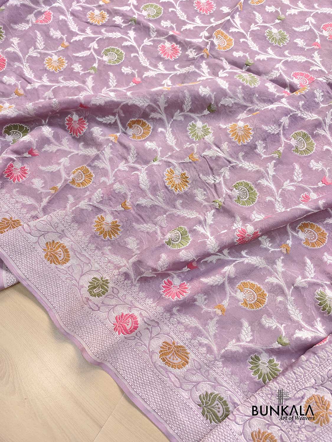 Lavender Meenakari Floral Jaal Silver Zari Handloom Banarasi Pure Georgette Silk Saree