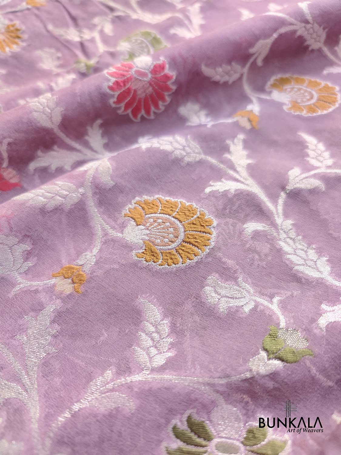 Lavender Meenakari Floral Jaal Silver Zari Handloom Banarasi Pure Georgette Silk Saree