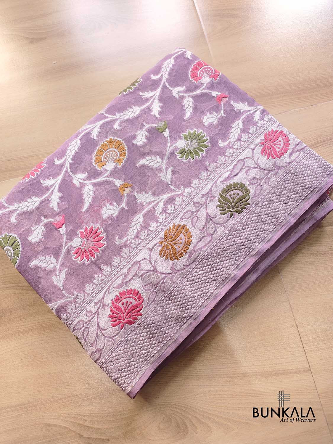 Lavender Meenakari Floral Jaal Silver Zari Handloom Banarasi Pure Georgette Silk Saree