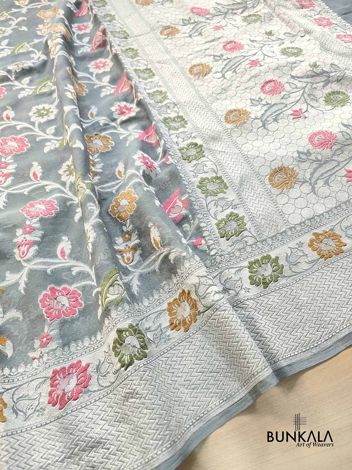 Grey Meenakari Floral Jaal Silver Zari Handloom Banarasi Pure Georgette Silk Saree