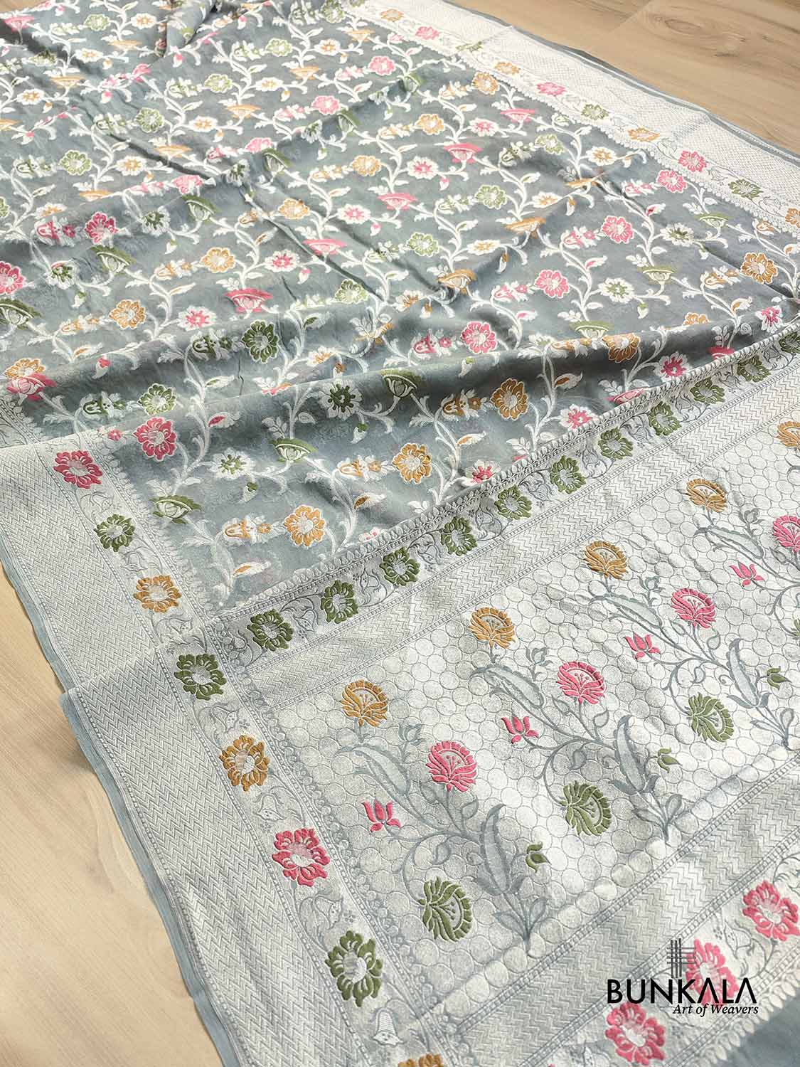 Grey Meenakari Floral Jaal Silver Zari Handloom Banarasi Pure Georgette Silk Saree