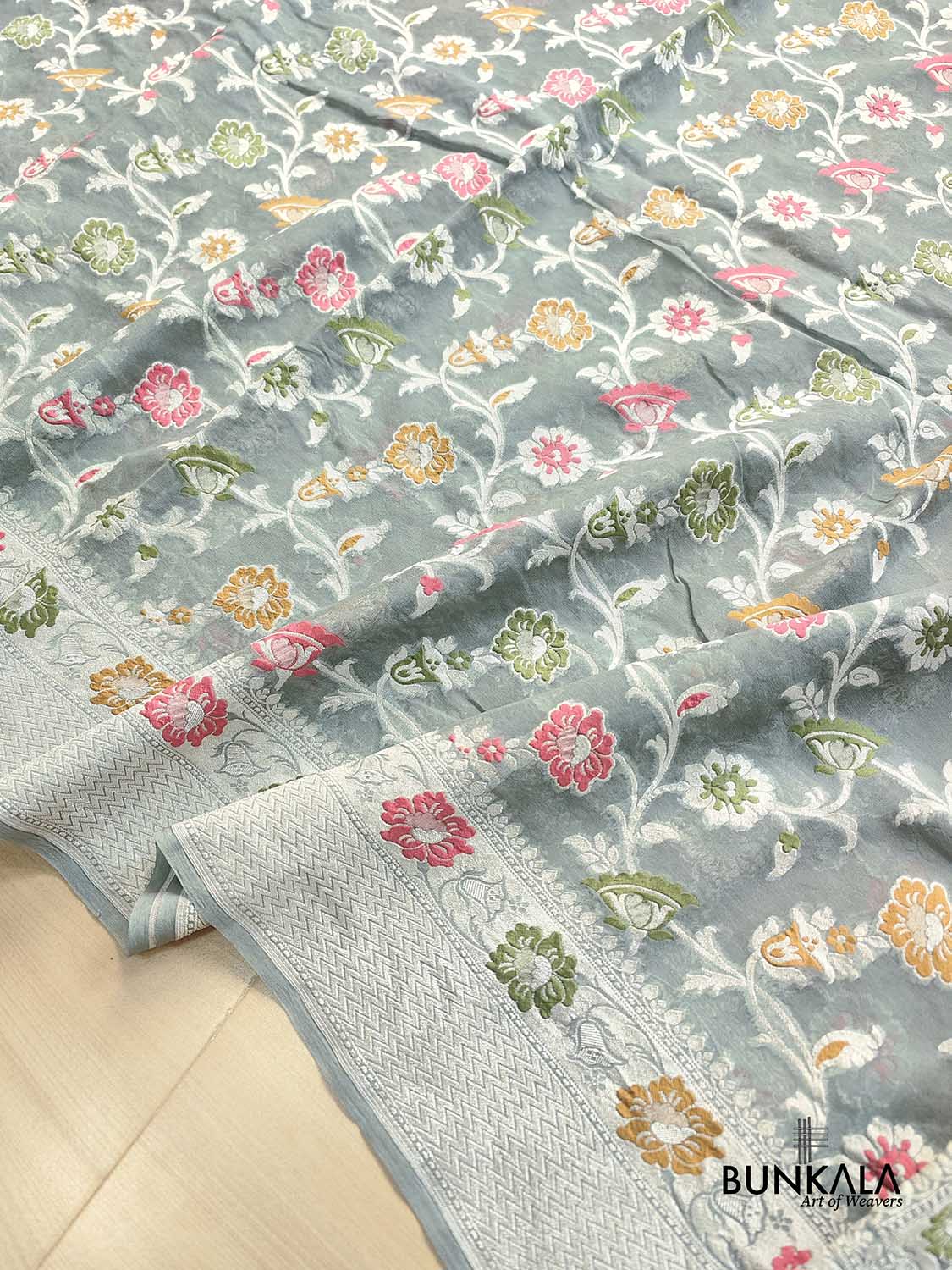 Grey Meenakari Floral Jaal Silver Zari Handloom Banarasi Pure Georgette Silk Saree