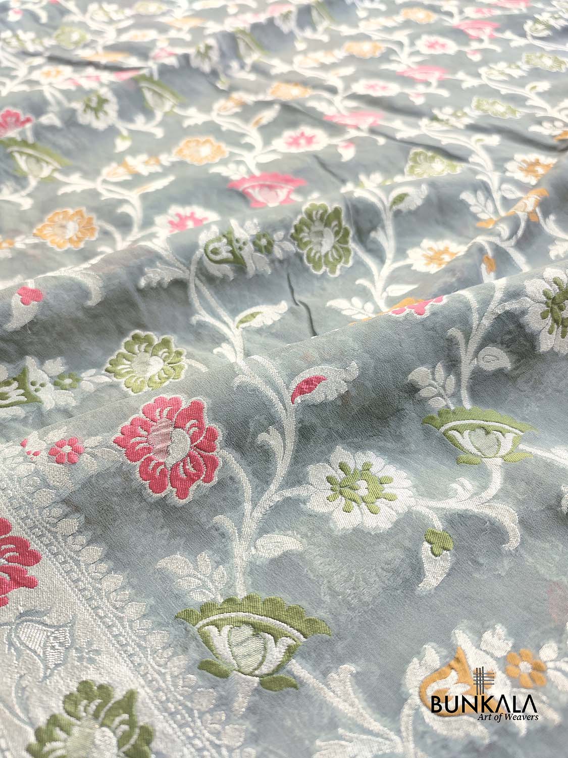 Grey Meenakari Floral Jaal Silver Zari Handloom Banarasi Pure Georgette Silk Saree