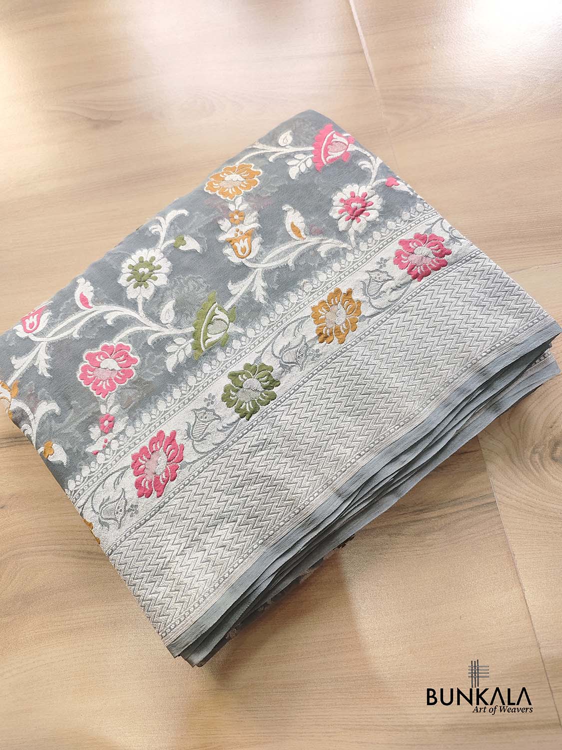 Grey Meenakari Floral Jaal Silver Zari Handloom Banarasi Pure Georgette Silk Saree