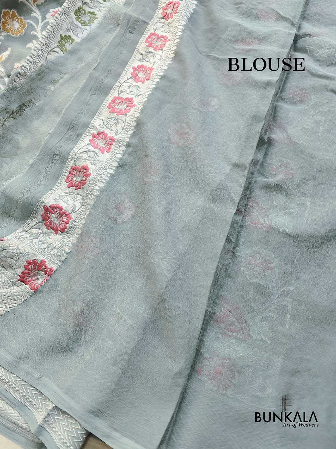 Grey Meenakari Floral Jaal Silver Zari Handloom Banarasi Pure Georgette Silk Saree