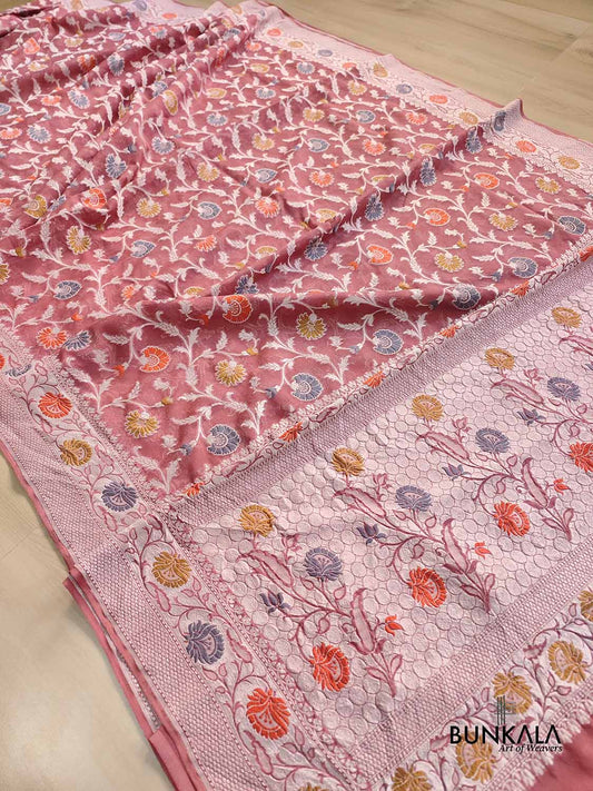 Peach Meenakari Floral Jaal Silver Zari Handloom Banarasi Pure Georgette Silk Saree