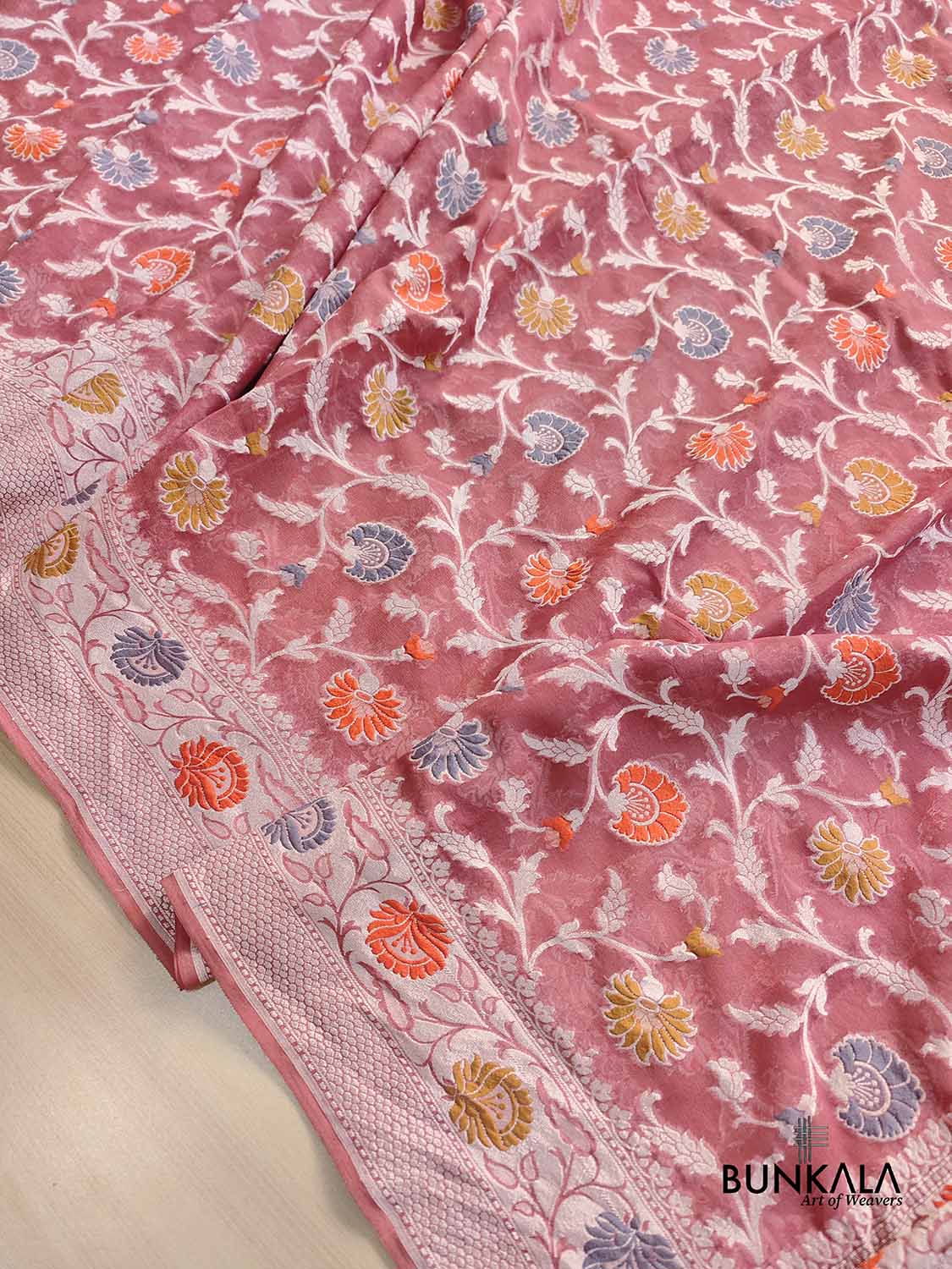 Peach Meenakari Floral Jaal Silver Zari Handloom Banarasi Pure Georgette Silk Saree
