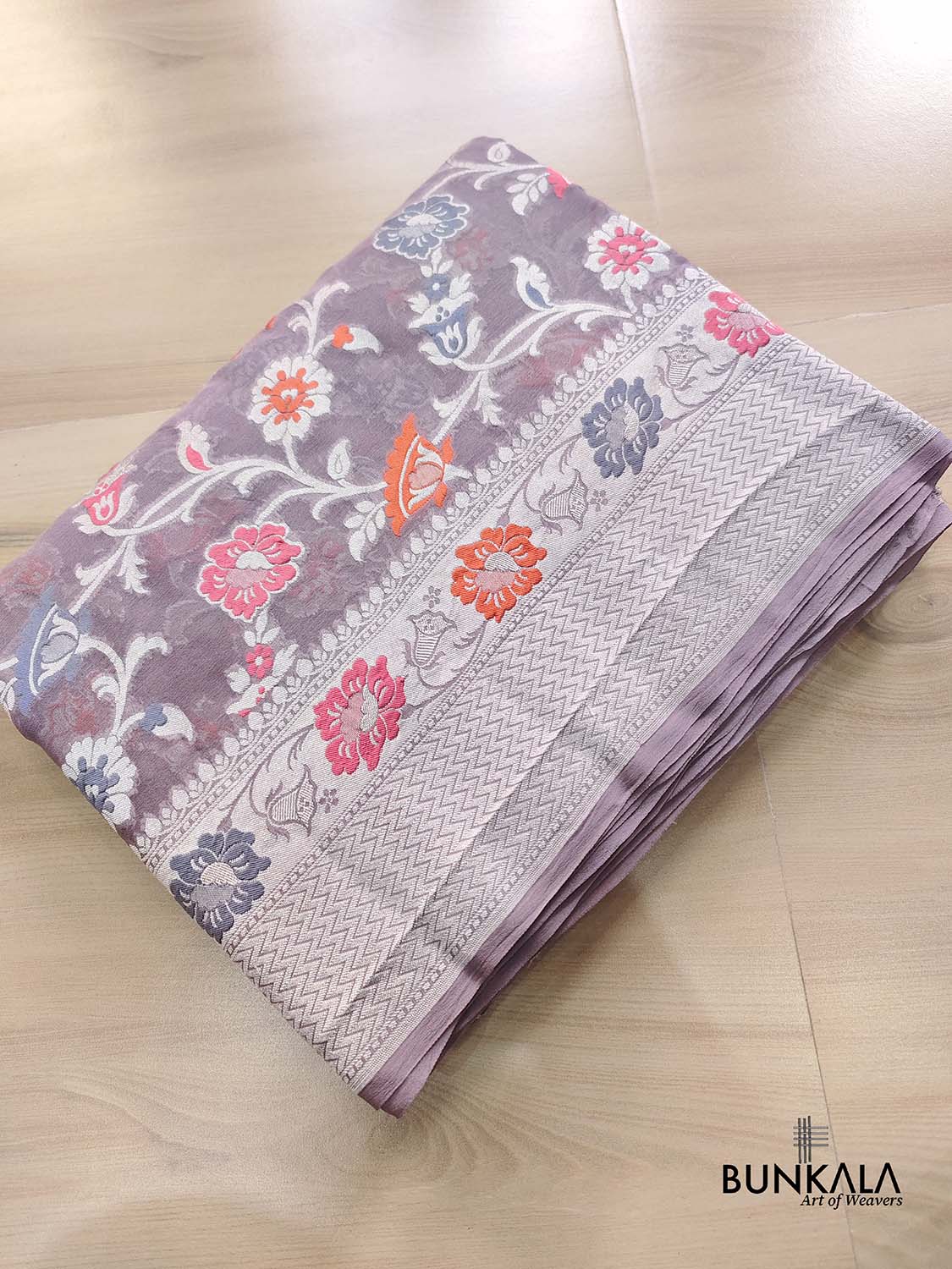 Nude Purple Meenakari Floral Jaal Silver Zari Handloom Banarasi Pure Georgette Silk Saree