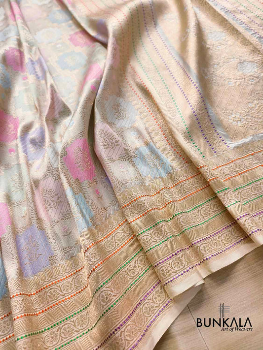 Off White Rangkat Kadwa Weaved Banarasi Pure Katan Silk Saree