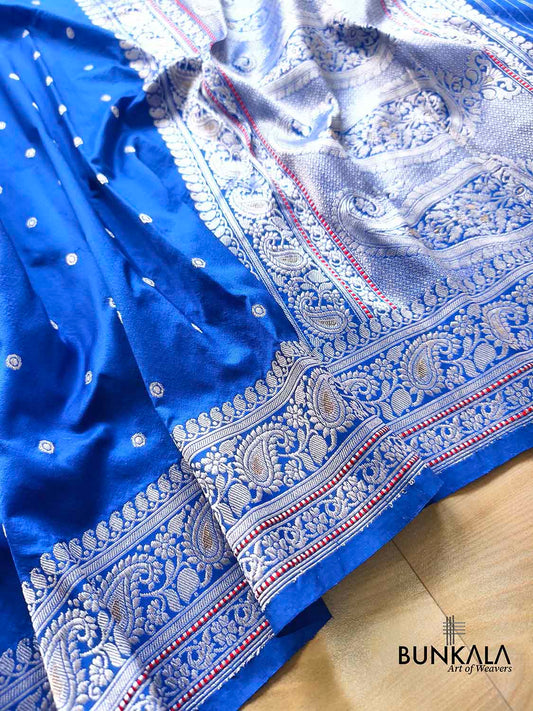 Royal Blue Silver Zari Buti Banarasi Pure Katan Silk Saree