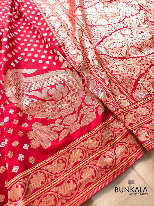 Bridal Red Heritage Design Big Koniya Buta Sona Rupa Banarasi Pure Katan Silk Saree