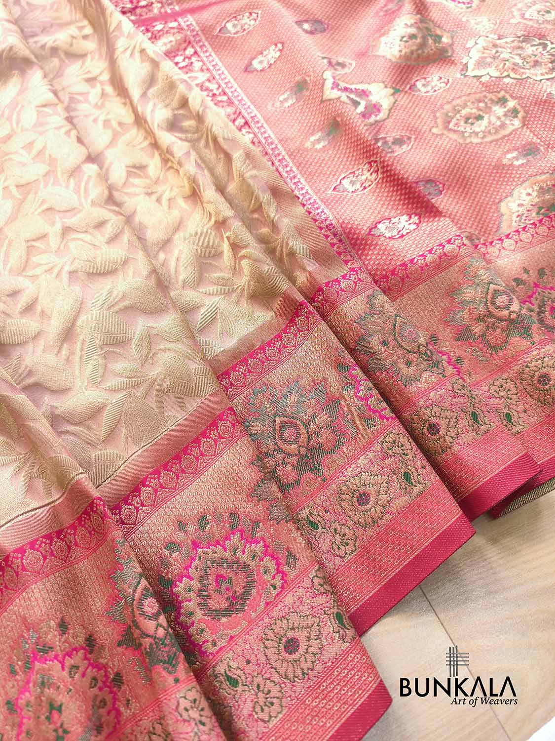 Peach Leaf Pattern Brocade Meenakari Border Banarasi Silk Saree
