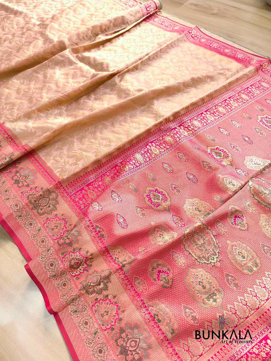 Peach Leaf Pattern Brocade Meenakari Border Banarasi Silk Saree