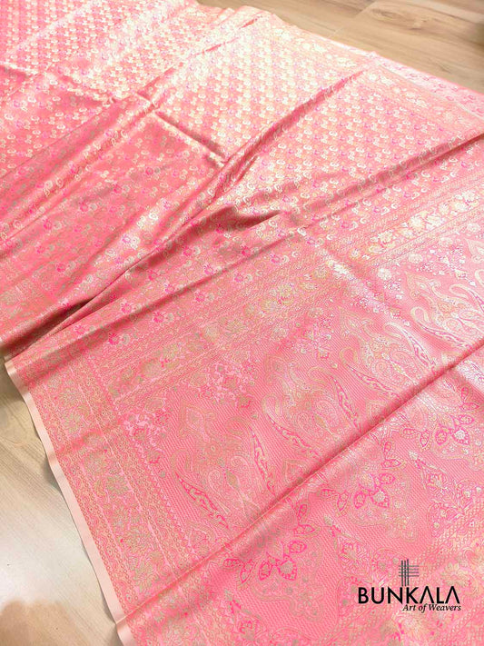 Baby Pink Jamewar Brocade Floral Banarasi Silk Saree