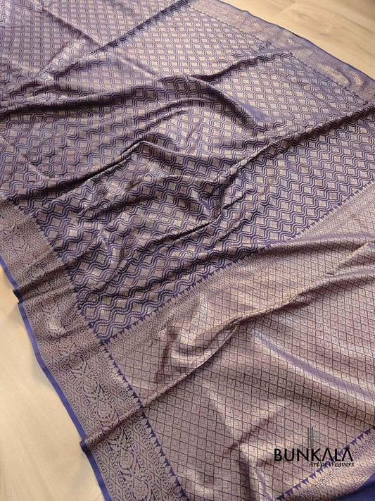 Midnight Sky Blue Resham Silk Brocade Antique Zari Weaved Banarasi Saree