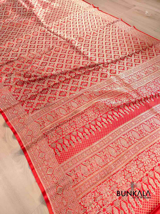 Rust Orange Brocade Weaved Banarasi Mashru Silk Saree