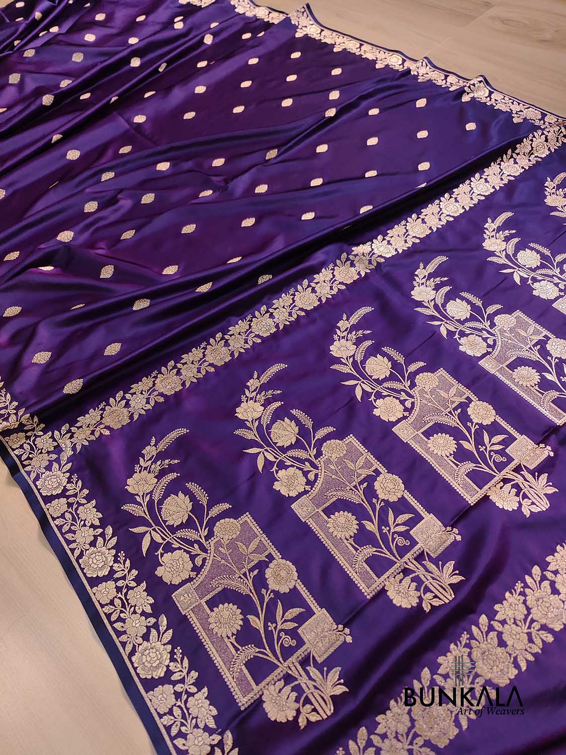 Purple Buti Weaved Banarasi Mashru Silk Floral Border Saree