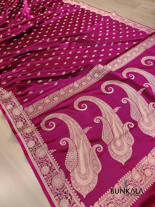 Magenta Pink Buti Weaved Banarasi Mashru Silk Floral Border Saree