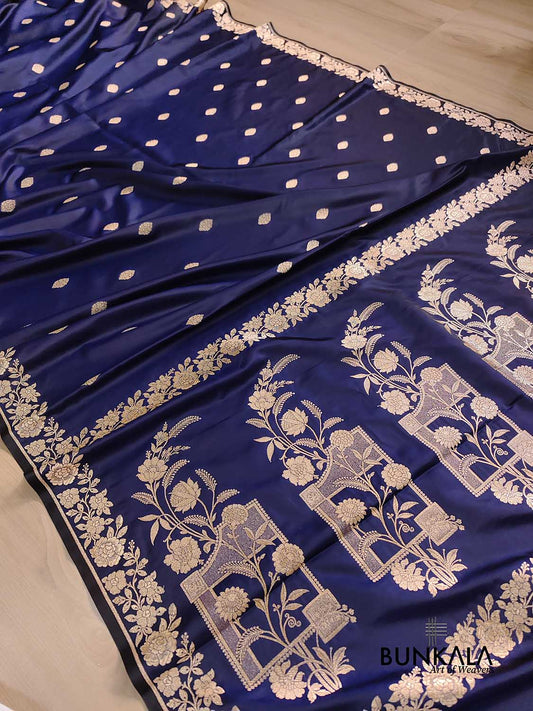 Navy Blue Buti Weaved Banarasi Mashru Silk Floral Border Saree