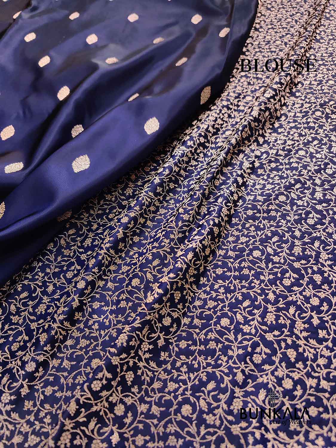 Navy Blue Buti Weaved Banarasi Mashru Silk Floral Border Saree