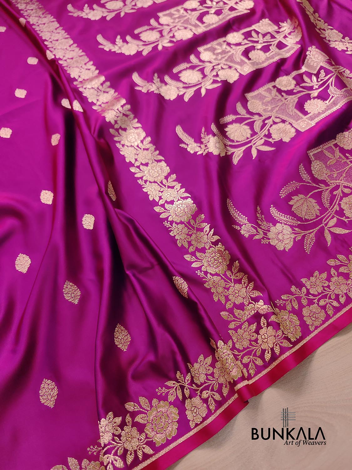 Rani Pink Buti Weaved Banarasi Mashru Silk Floral Border Saree