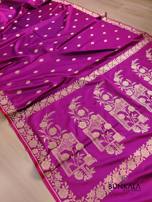 Rani Pink Buti Weaved Banarasi Mashru Silk Floral Border Saree