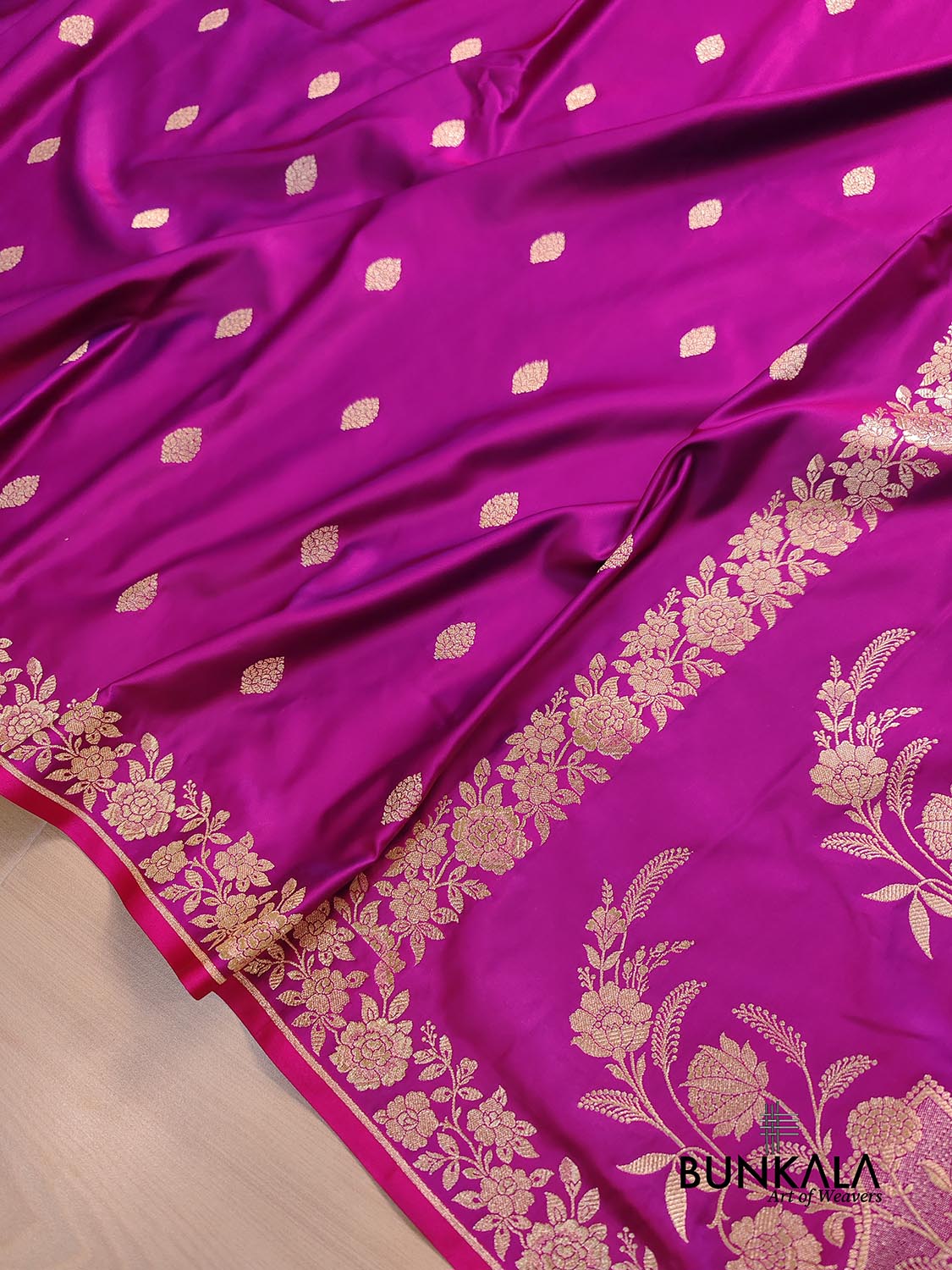 Rani Pink Buti Weaved Banarasi Mashru Silk Floral Border Saree