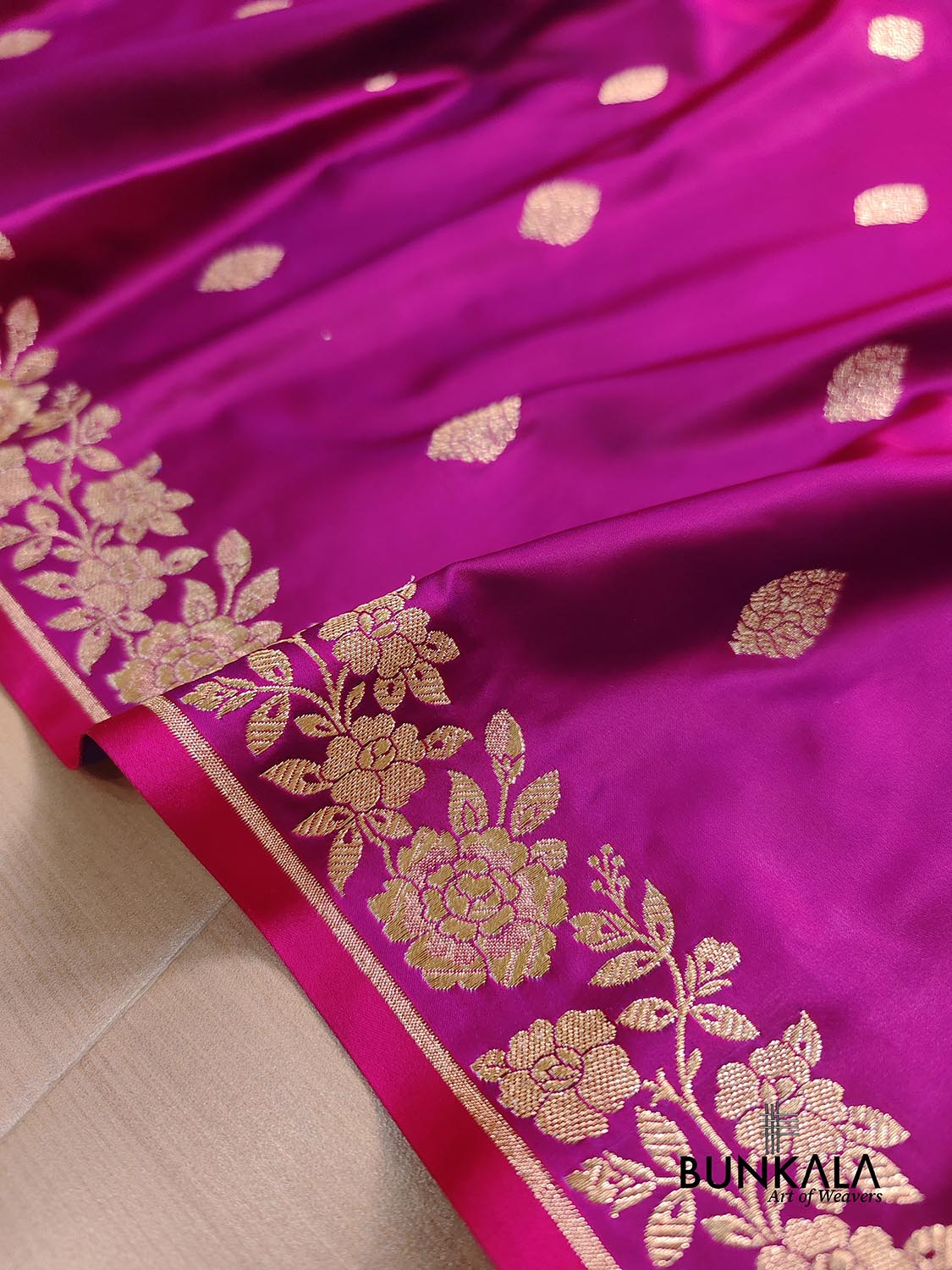 Rani Pink Buti Weaved Banarasi Mashru Silk Floral Border Saree