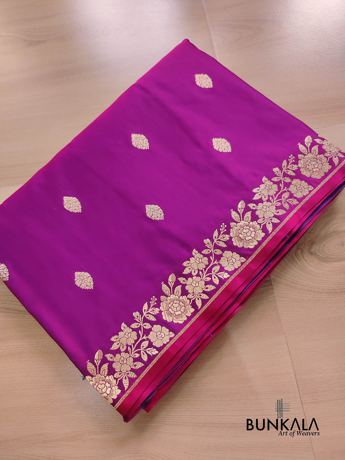 Rani Pink Buti Weaved Banarasi Mashru Silk Floral Border Saree