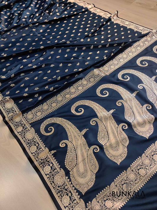 Blackish Blue Buti Weaved Banarasi Mashru Silk Floral Border Saree