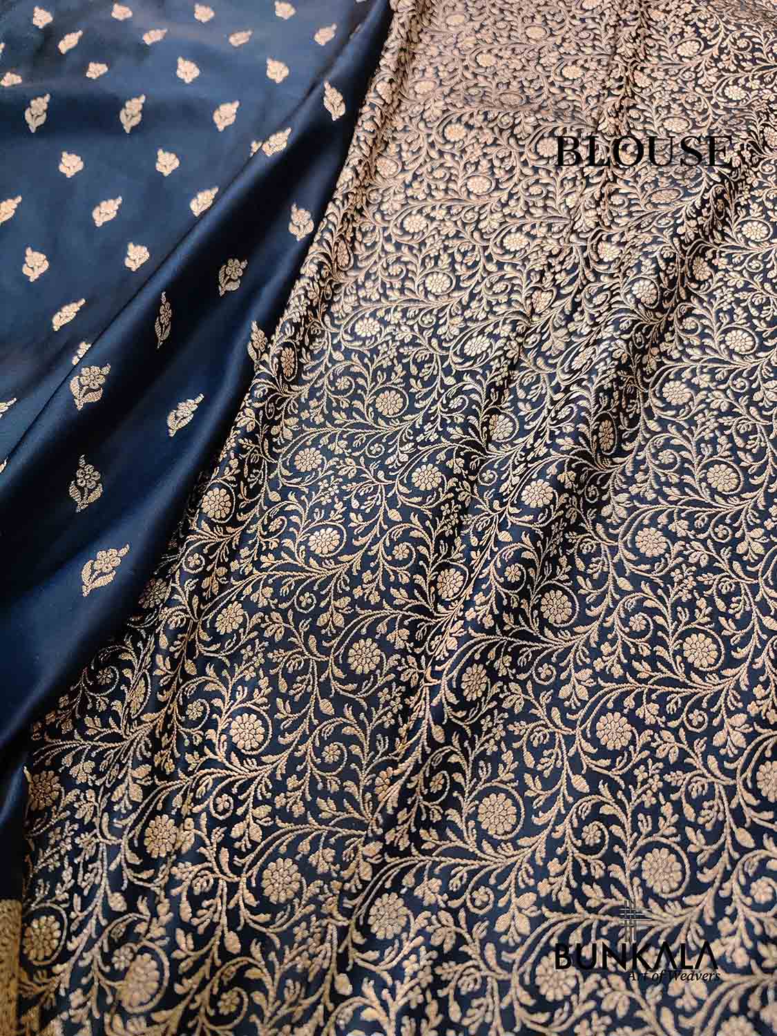 Blackish Blue Buti Weaved Banarasi Mashru Silk Floral Border Saree