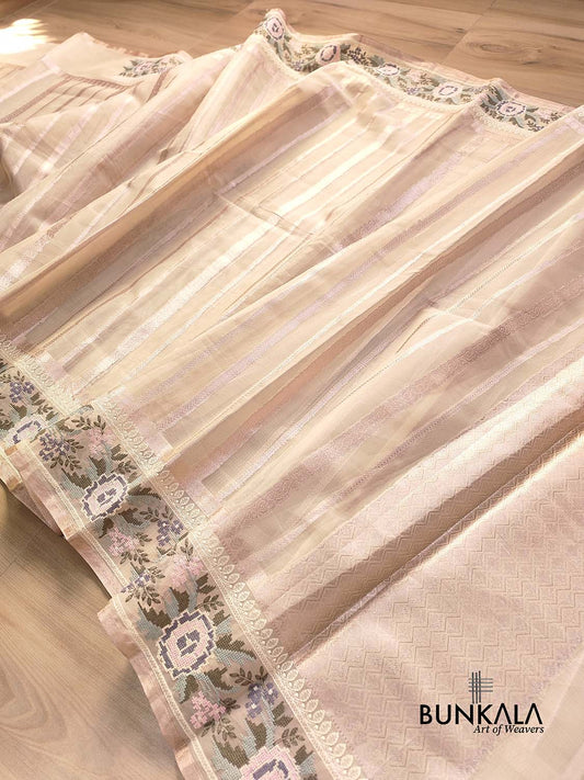 Beige Banarasi Stripe Design Floral Embroidered Border Organza Saree